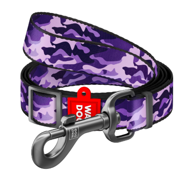 Поводок регулируемый WAUDOG Nylon, рисунок "Фиолетовый камо" (ширина 15 мм, длина 152-183 см)