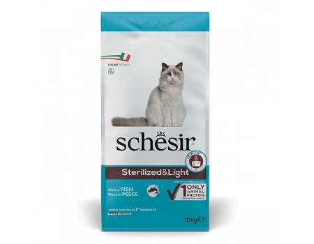 Сухой монопротеиновый корм Schesir Cat Sterilized & Light, для стерилизованных кошек, для кошек подверженных полноте, рыба, 10 кг