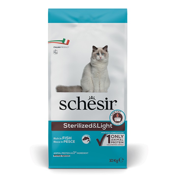 Сухий монопротеїновий корм Schesir Cat Sterilized & Light, для стерилізованих кішок, для кішок схильних до повноти, риба, 10 кг