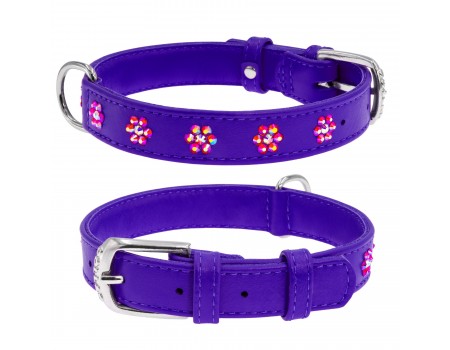 Ошейник WAUDOG Glamour с клеевыми стразами "цветочек" 20 мм/30-39 см, фиолетовый