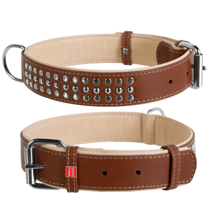 Ошейник WAUDOG SOFT с металлическими украшениями, 35 мм/ 46-60 см, коричневый
