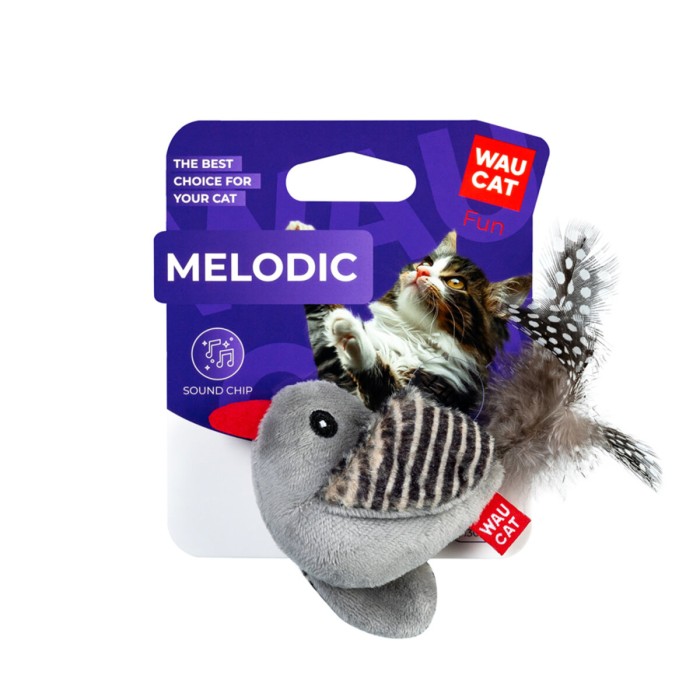 Игрушка для кошек WAUCAT Fun Melodic Птичка со звуковым чипом, искусственный мех, плюш, перо, 13 см