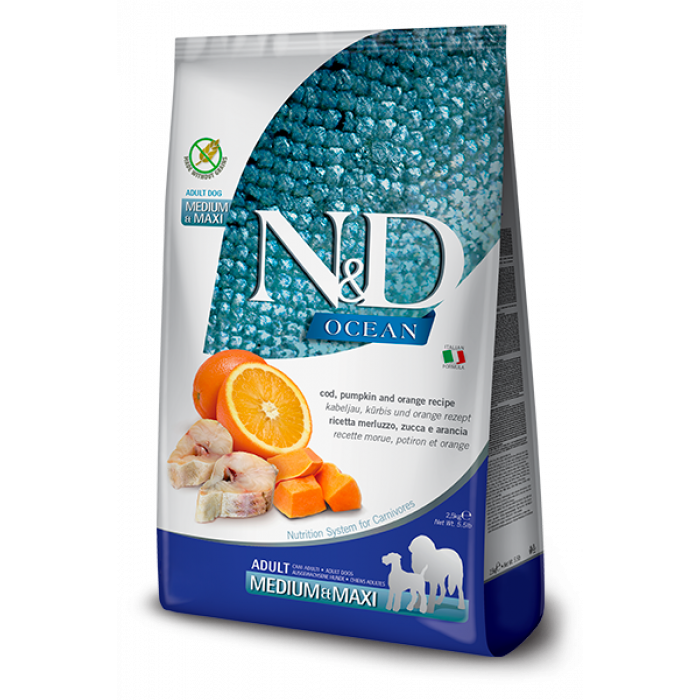 Беззерновий сухий корм Farmina N&D Grain Free OCEAN, для собак середніх та великих порід, тріска та апельсин, (36551) 2.5 кг