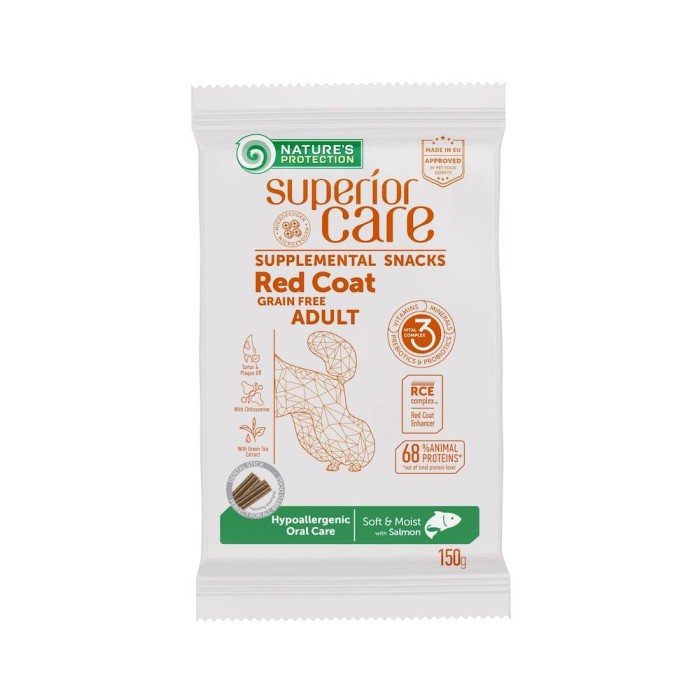 Беззерновые лакомства Nature's Protection SC Red Coat Hypoallergenic Oral Care, гигиена полости рта собак рыжих расцветок, лосось, 150 г