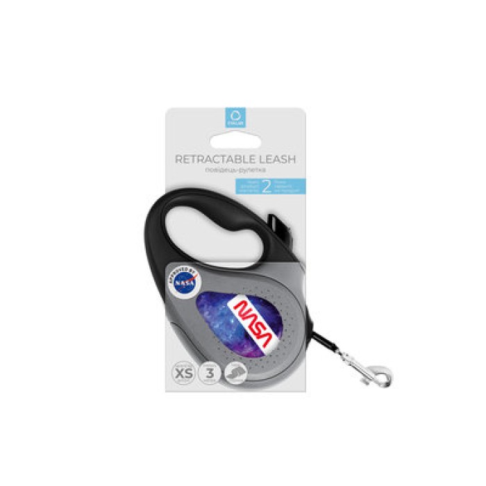 Поводок-рулетка для собак WAUDOG R-leash, рисунок "NASA21", XS, до 12 кг, 3 м, светоотражающая лента, черный