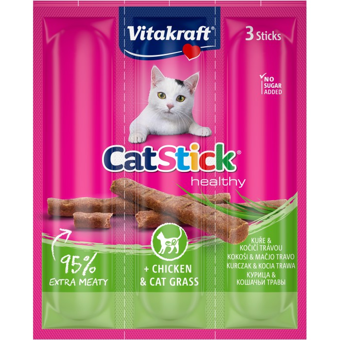Мясные палочки Vitakraft Cat Stick Chicken & Cat grass, для кошек, с курицей и кошачьей травой, 3*6 гр