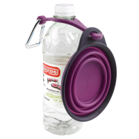 Дорожная складная миска для путешествий Dexas Travel Cup with Bottle Holder & Carabiner, с креплением на бутылку, пурпурная,  240мл 