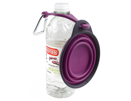 Дорожная складная миска для путешествий Dexas Travel Cup with Bottle Holder & Carabiner, с креплением на бутылку, пурпурная,  240мл 