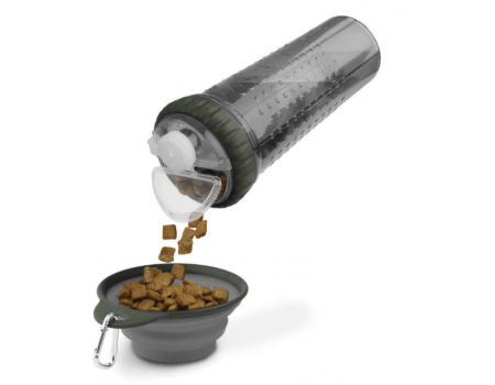 Пляшка подвійна для води та корму Dexas Snack DuO with Collapsible Cup, зі складною мискою (3 мірні склянки), світло-сірий 720мл