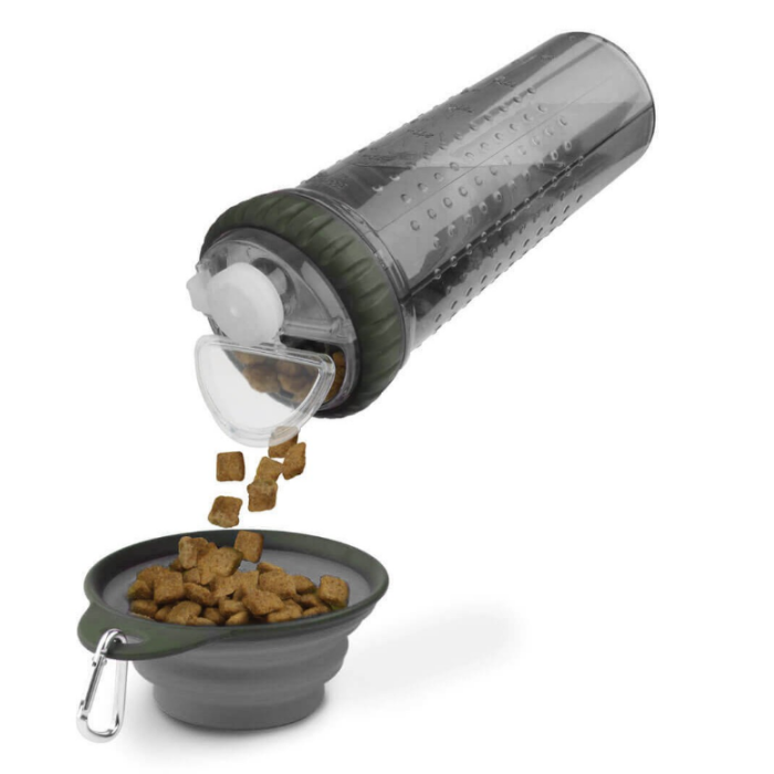 Пляшка подвійна для води та корму Dexas Snack DuO with Collapsible Cup, зі складною мискою (3 мірні склянки), світло-сірий 720мл