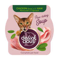 Полнорационный корм для взрослых кошек DELICKCIOUS, суп из курицы с ветчиной и добавлением шпината, 80 г