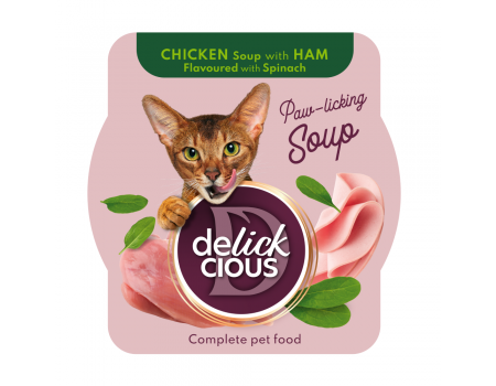 Повнораціонний корм для дорослих котів DELICKCIOUS, суп з курки з шинкою та додаванням шпинату, 80 г