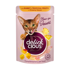 Корм для взрослых кошек Delickcious "Хлопья с кроликом и тропическими фруктами в сливочном соусе", 80 г