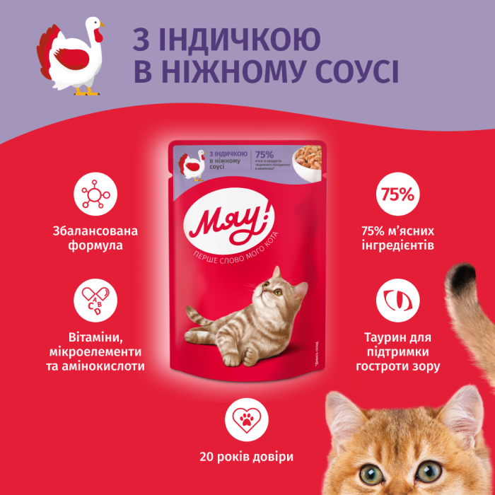 Влажный корм Мяу!, для взрослых кошек, с индейкой в ​​нежном соусе, 85 г