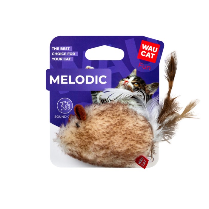 Игрушка для кошек WAUCAT Fun Melodic Мышка со звуковым чипом, искусственный мех, перо, 13 см