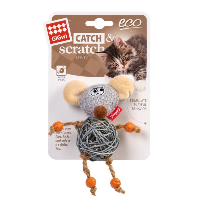 Игрушка для кошек Мышка с колокольчиком GiGwi Catch&Scratch, текстиль, веревка, ротанг, 8 см