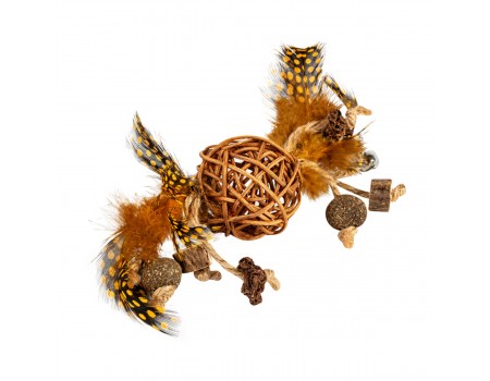 Игрушка для кошек WAUCAT Fun Natural Плетеный мячик с колокольчиком и перьями, кошачья мята, 20 см