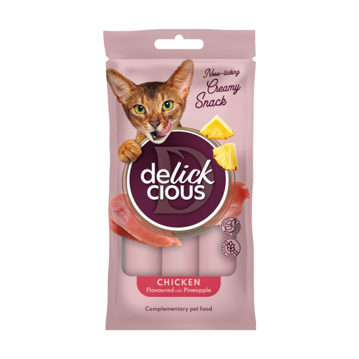 Дополнительный корм для кошек DELICKCIOUS, кремовое лакомство, курица с добавлением ананаса, 4х15 г