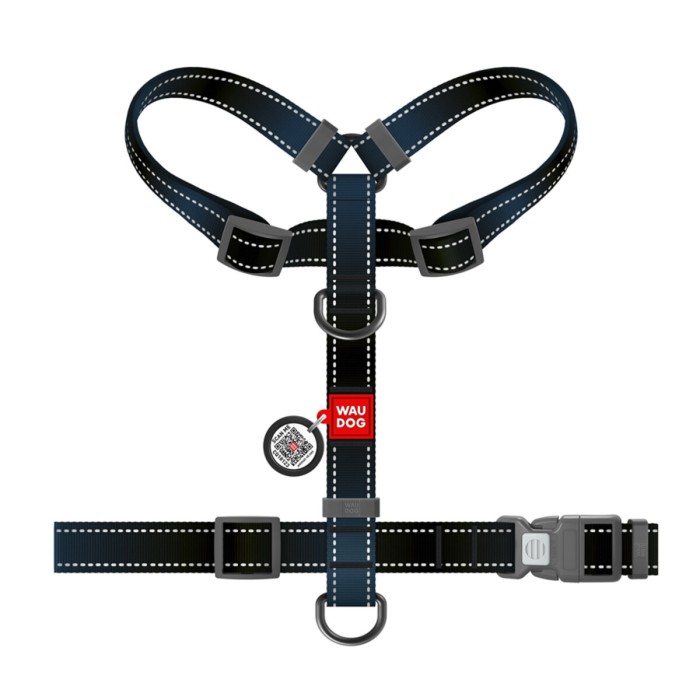Шлея для собак H-подібна WAUDOG Nylon Mono з QR світловідбивна,  розмір L, Ш 25 мм, А 50-90 см, В 60-100 см чорний