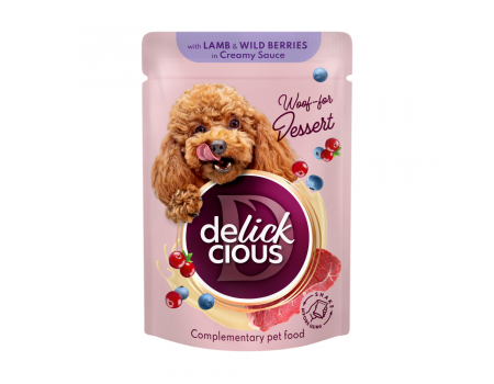 Корм для взрослых собак Delickcious "Хлопья с ягнятиной и лесными ягодами в сливочном соусе", 80 г
