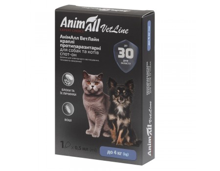 Капли AnimAll VetLine Спот-Он против блох, вшей, волосоедов, для кошек (до 4 кг), 0,5 мл
