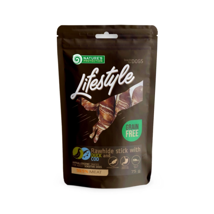 Натуральні ласощі для собак Nature's Protection Lifestyle, палички із шкіри качки та тріски, 75 г