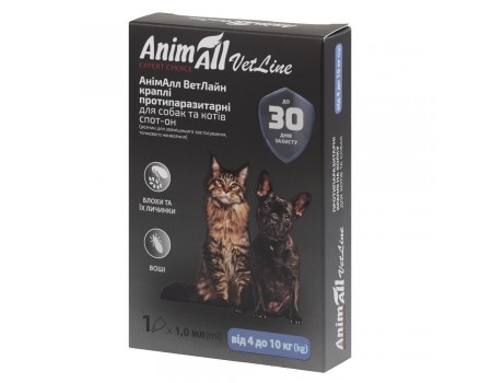 Краплі AnimAll VetLine Спот-Он проти бліх, вошей, волосоїдів, для котів (4-10 кг), 1 мл