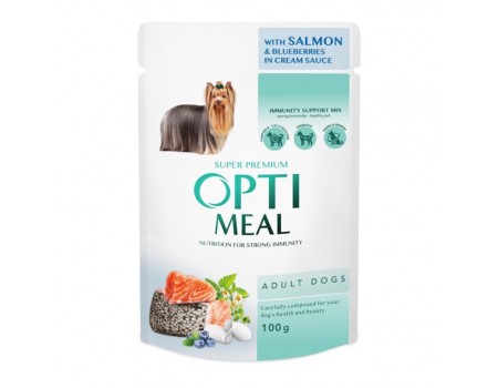 Вологий корм OPTIMEAL для дорослих собак з лососем та лохиною у соусі крем 100г