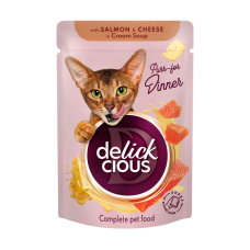 Корм для взрослых кошек Delickcious "Полоски с лососем и творогом в крем супе", 85 г