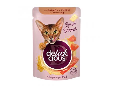Корм для дорослих котів Delickcious "Смужки з лососем та сиром в крем супі", 85 г