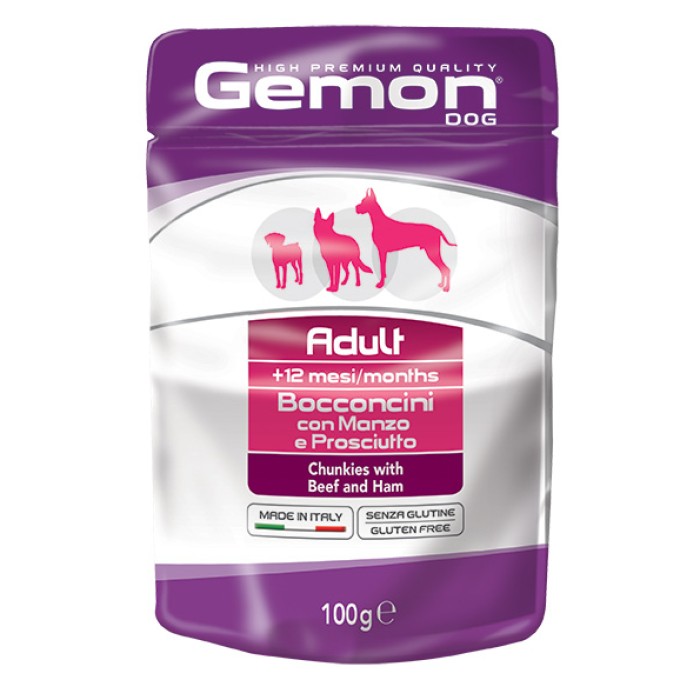 GEMON DOG Wet Chunkies with Beef and Ham – Adult паучі для собак шматочки яловичини з шинкою, 100г