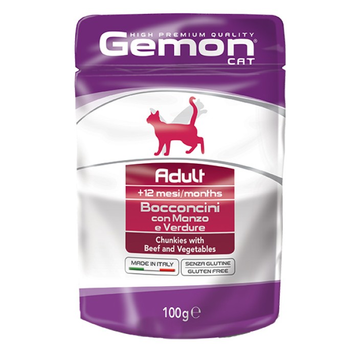 Gemon Cat WET Adult – паучі для кішок шматочки яловичини з овочами, 0,1 кг