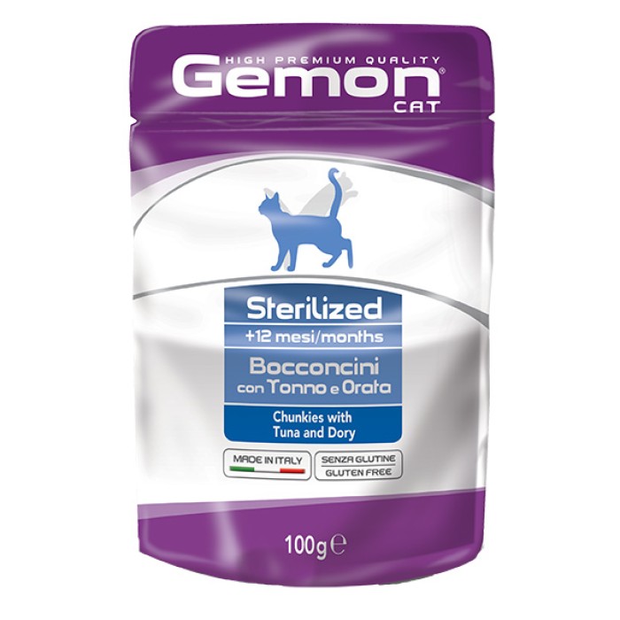 Gemon Cat WET Sterilized – паучі для стерилізованих кішок шматочки тунця з рибою Дорі, 0,1 кг