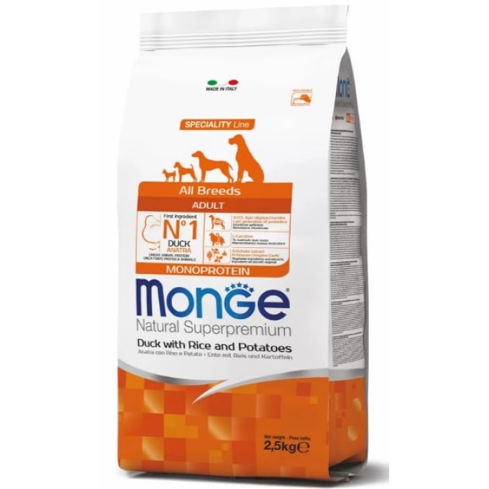 MONGE SPECIALITY LINE ALL BREEDS ADULT DUCK, RICE & POTATOES  для взрослых собак всех пород с особыми потребностями , утка, рис и картофель,  2,5 кг