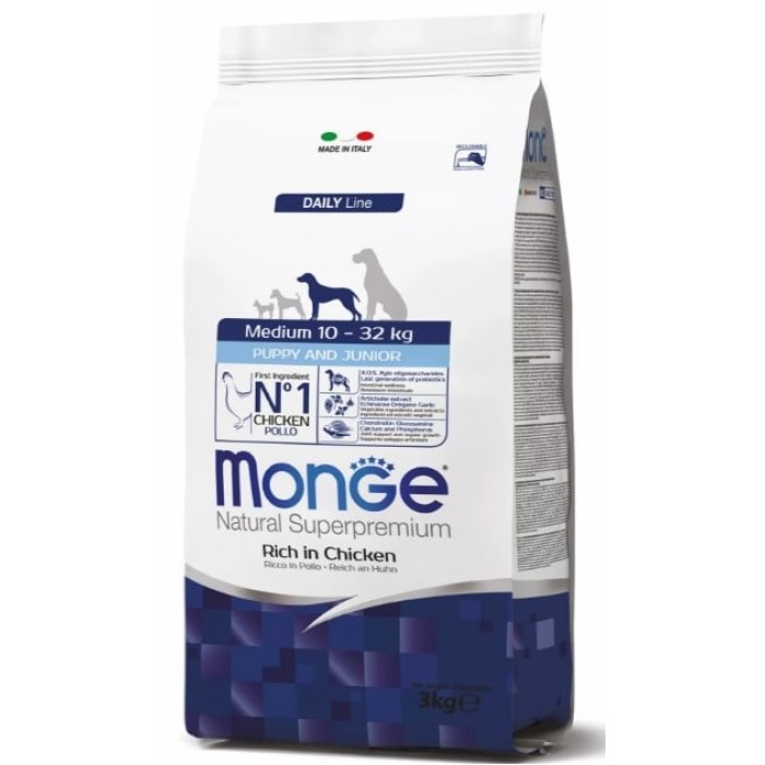 MONGE SUPER PREMIUM DOG MEDIUM PUPPY & JUNIOR полноценный сбалансированный рацион для щенков средних пород, курица и рис, 15 кг