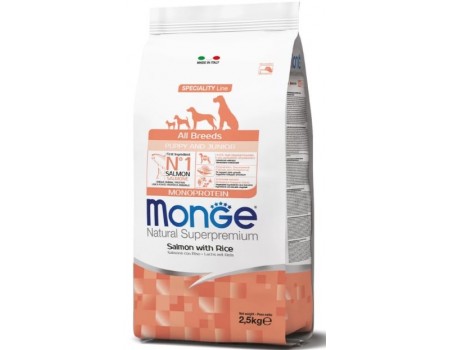 MONGE SPECIALITY LINE ALL BREEDS PUPPY & JUNIOR SALMONE AND RICE Корм з лососем та рисом для цуценят всіх порід, 0,8 кг