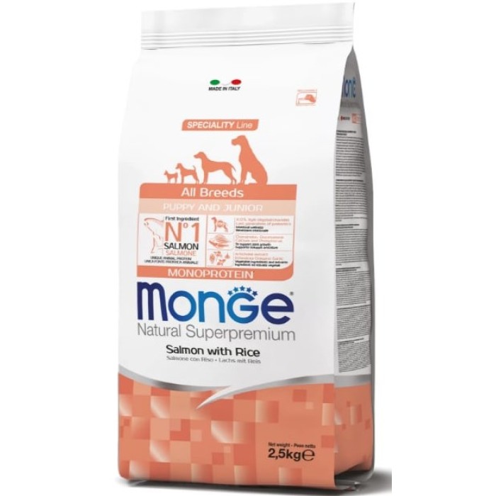 MONGE SPECIALITY LINE ALL BREEDS PUPPY & JUNIOR SALMONE AND RICE Корм з лососем та рисом для цуценят всіх порід, 15 кг