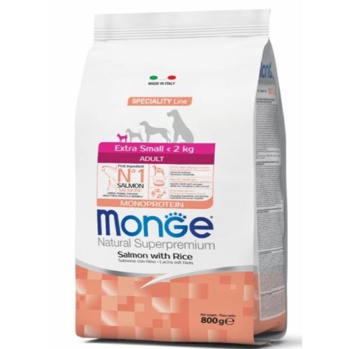 MONGE SUPERPREMIUM DOG EXTRA SMALL Adult лосось з рисом, полноценный сбалансированный рацион для взрослых собак миниатюрных пород, 0.8 кг