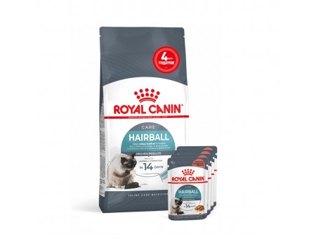 Акция // Сухой корм для кошек ROYAL CANIN HAIRBALL CARE 2кг + 4 пауча в подарок