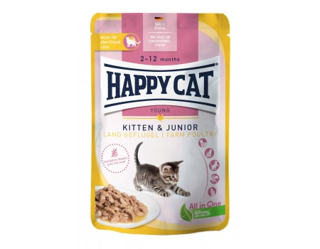 Влажный корм Happy Cat MIS Kitten & Junior Land-Ente - с уткой для котят (кусочки в соусе) 85 г