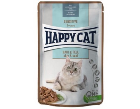 Влажный корм Happy Cat MIS Sensitive Haut&Fell - с мясом птицы и лососем для кошек с повышенной чувствительностью кожи и шерсти (кусочки в соусе) 85 г