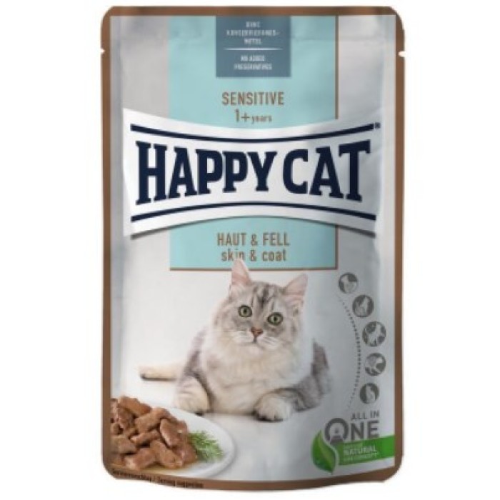 Вологий корм Happy Cat MIS Sensitive Haut&Fell - з м'ясом птиці та лососем для кішок з підвищеною чутливістю шкіри та вовни (шматочки в соусі) 85 г