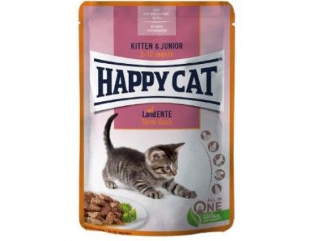 Влажный корм Happy Cat MIS Kitten & Junior Land-Ente - с уткой для котят (кусочки в соусе) 85 г
