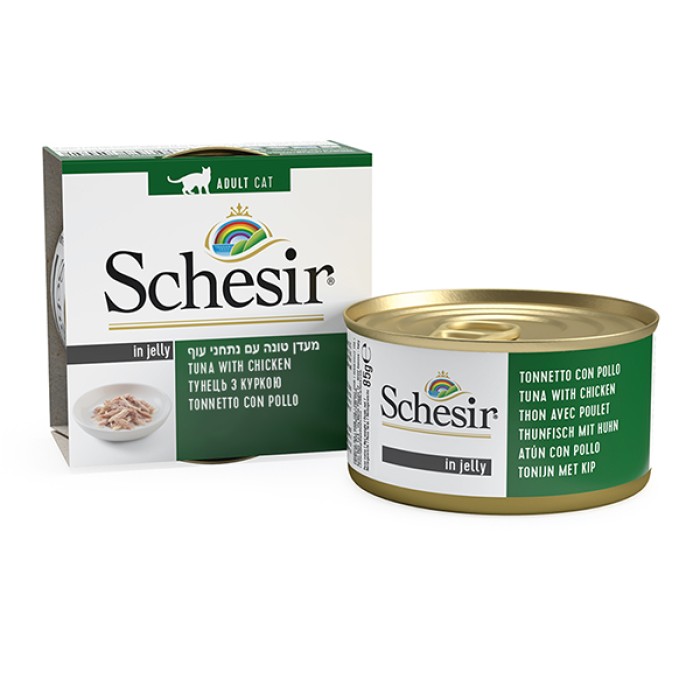 Schesir Tuna Chicken ШЕЗИР ТУНЕЦ С КУРИЦЕЙ натуральные консервы для кошек, влажный корм тунец с филе курицы в желе, банка 85 г , 0.085 кг.