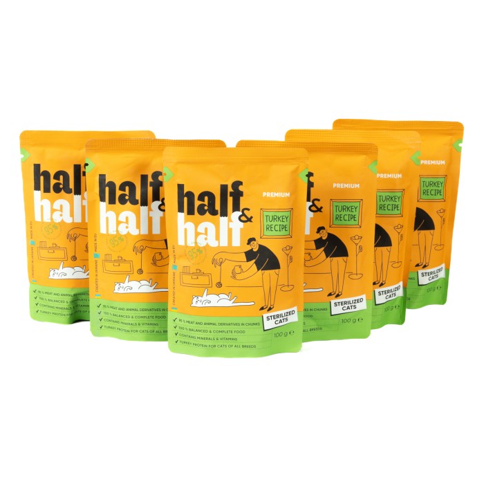Набір Half&Half вологий корм для стерилізованих котів, шматочки з індичкою у ​​желе, паучі, (5+1)х100 г