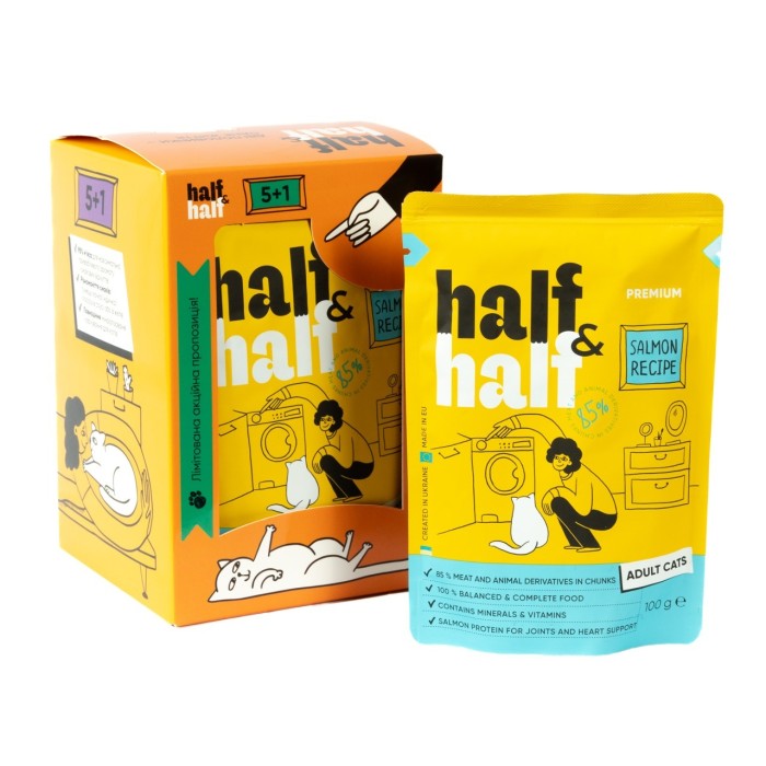 Набір Half&Half вологий корм для дорослих котів, шматочки з лососем у ​​желе, паучі, (5+1)х100 г