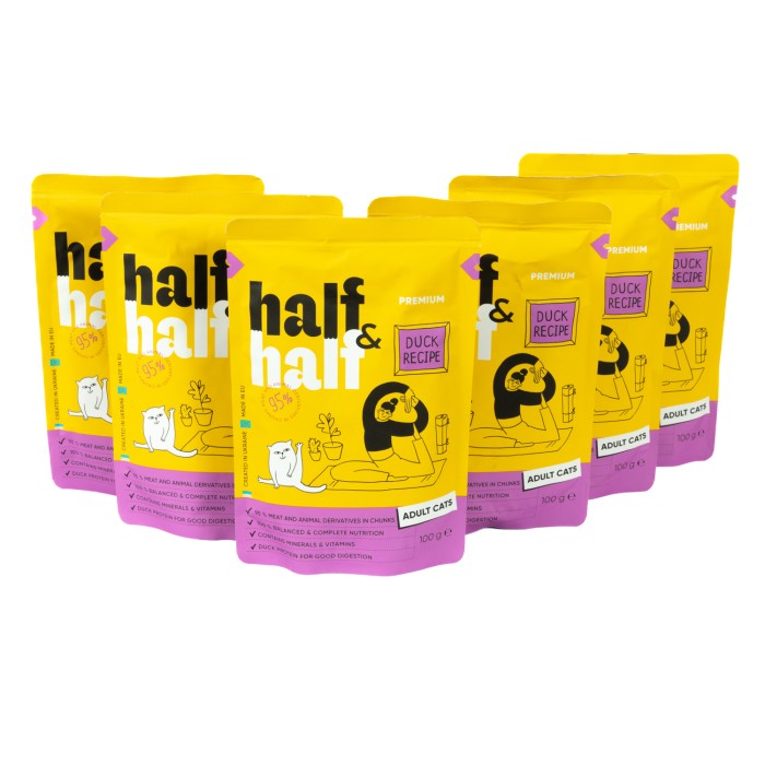 Набор Half&Half влажный корм для взрослых кошек, кусочки с уткой в ​​соусе, паучи, (5+1)х100 г