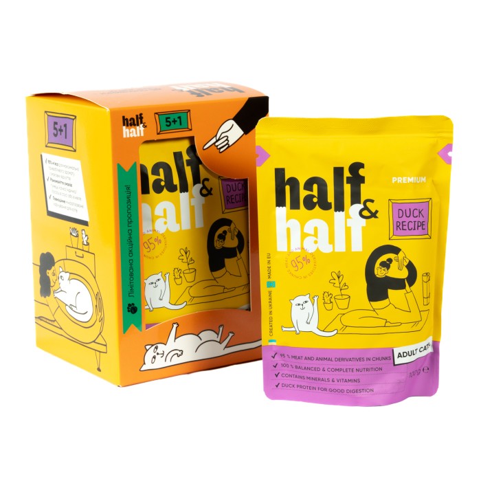 Набор Half&Half влажный корм для взрослых кошек, кусочки с уткой в ​​соусе, паучи, (5+1)х100 г