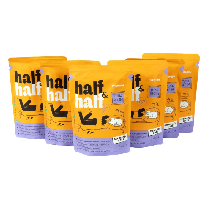 Набір Half&Half вологий корм для стерилізованих котів, шматочки з тунцем у соусі, паучі, (5+1)х100 г