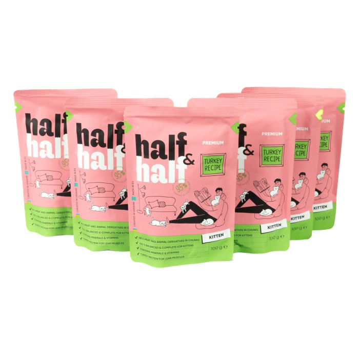Набір Half&Half вологий корм для кошенят, шматочки з індичкою у желе, паучі, (5+1)х100 г